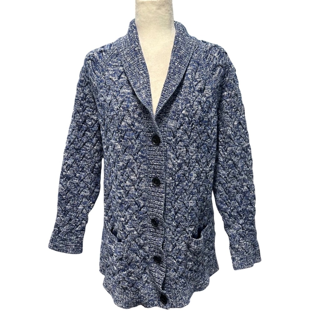 Lands End Womens XL Drifter Chunky Cable Heavy Knit Cardigan Shawl Neck Grandma